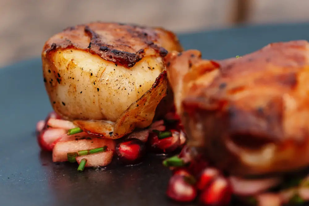 Parma ham-wrapped scallops, seared golden