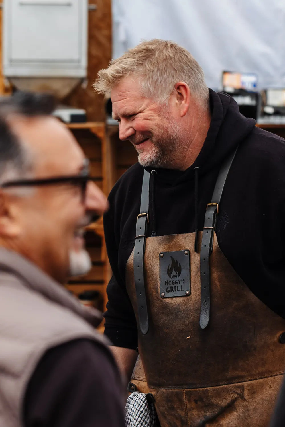 Matthew Hoggard at the grill in a leather apron